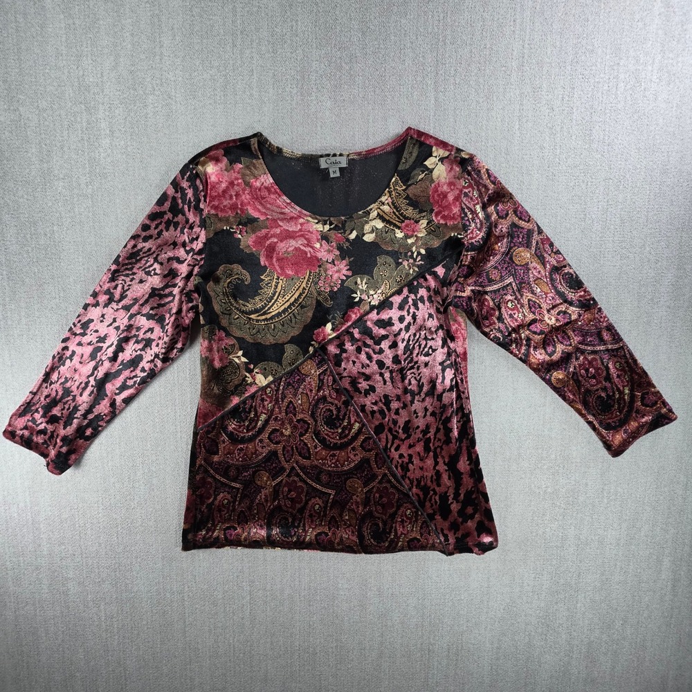 Caia Patchwork Velvet Top Women Medium Pink Floral Paisley Animal Print 3/4 Slv